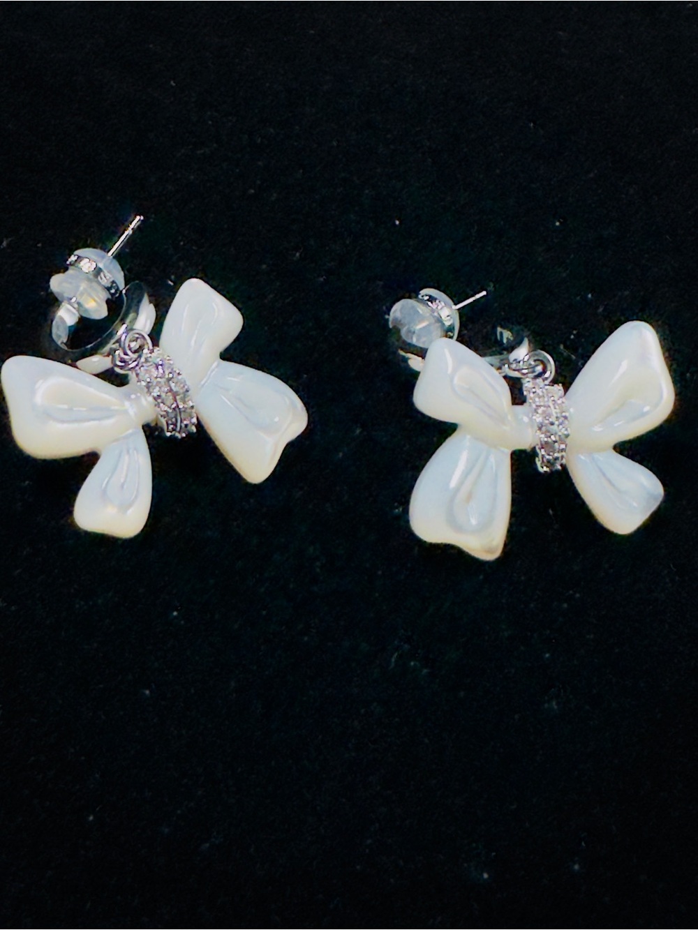 White Bow Stud Earrings with Crystal Accent - Women Jewelry
